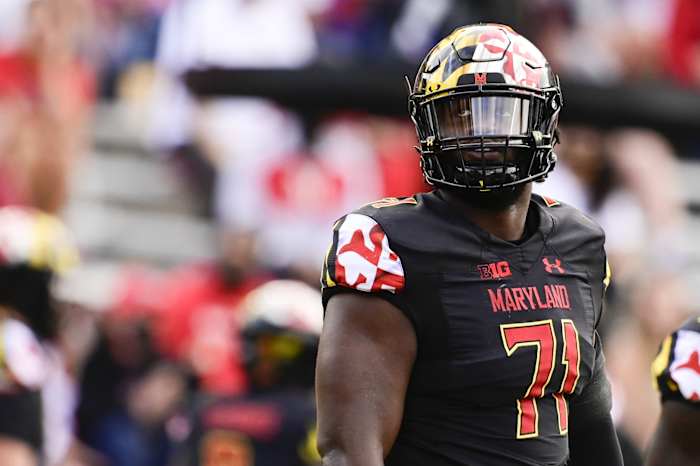 Sep 25, 2021; College Park, Maryland, USA; Maryland Terrapins offensive lineman Jaelyn Duncan (71) stands on the field during the second half against the Kent State Golden Flashes at Capital One Field at Maryland Stadium. Mandatory Credit: Tommy Gilligan-USA TODAY Sports
